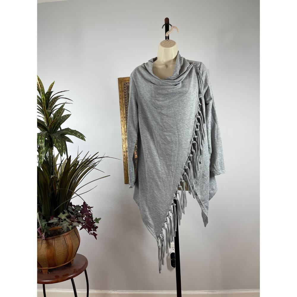 Women's Drape Cardigan XL Heather Gray Asymmetrical Fringe Trim Minimalist Artsy